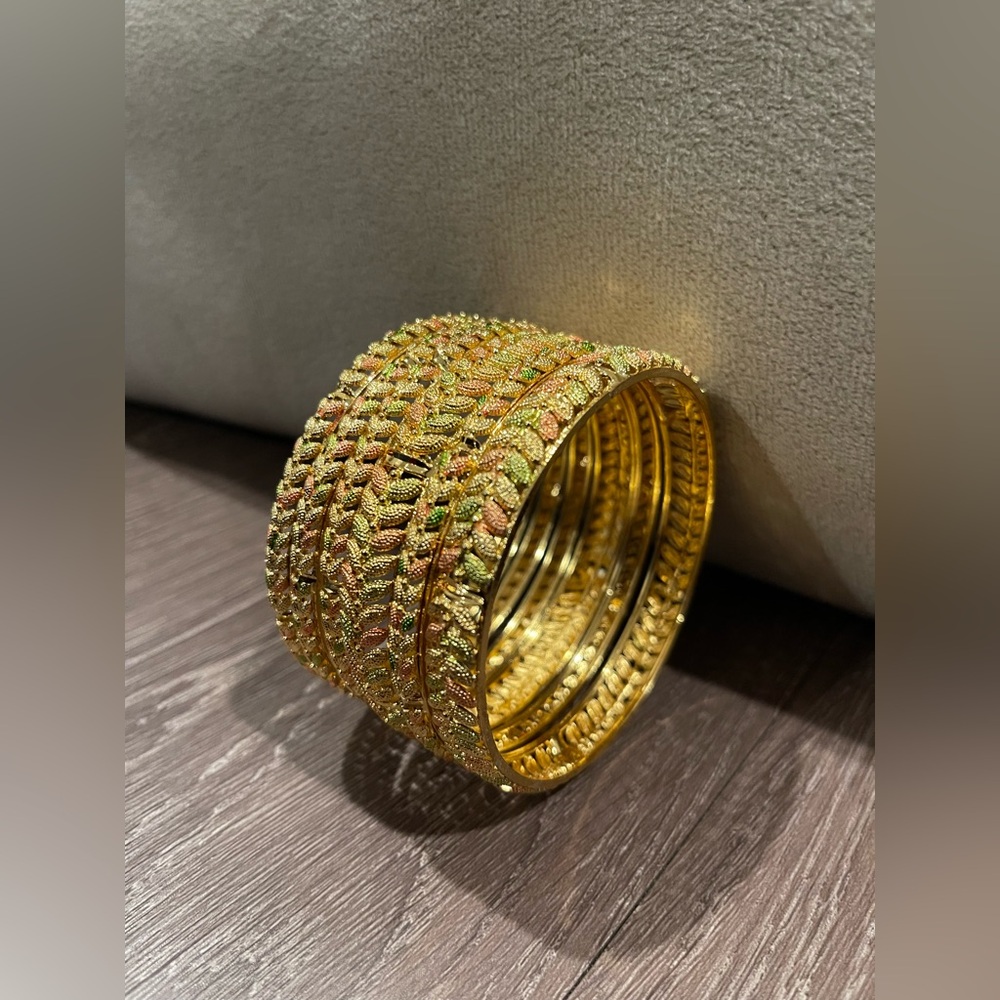 Gold Tone Bangle Set Leaf Design with Rose & Green Highlights, Size 8/9